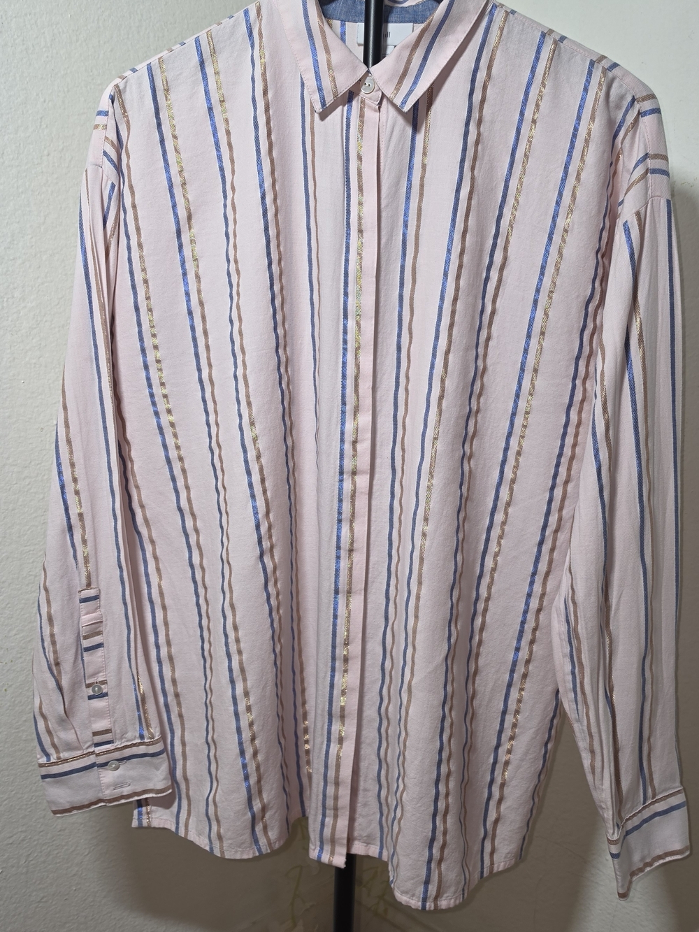 J. Jill Pale Pink Striped Button-Down Shirt with Blue and Gold Accents